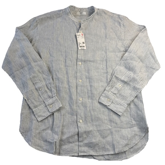 Uniqlo Other - NWT Uniqlo premium linen standup collar shirt White Blue Stripes Medium Preppy